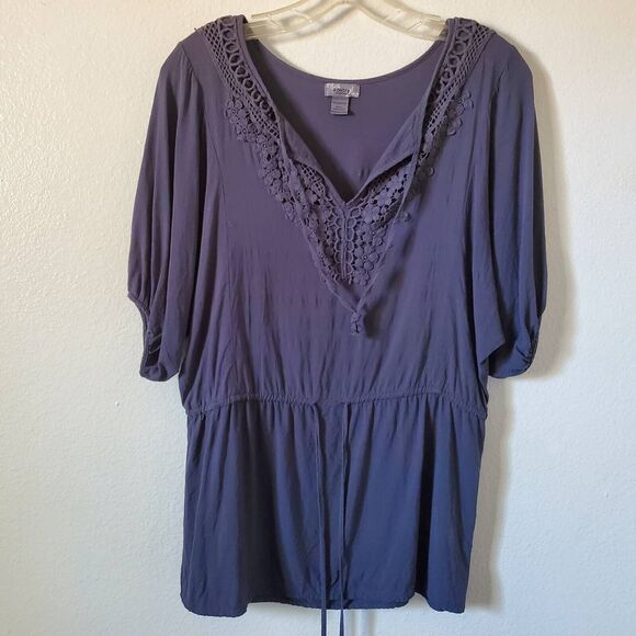 Poetry Peasant Blouse Women's L Gray Blue Short Sleeve Crochet Lace Rayon Boho - Picture 2 of 10